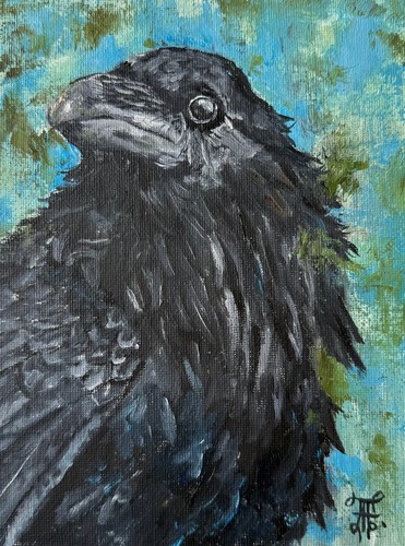 Raven original art bird wall - original,